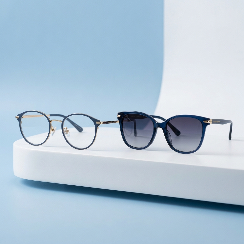 Óculos de grau elegantes e óculos de sol exibidos de forma conceitual premium